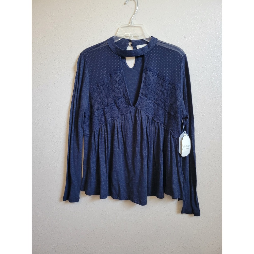 Altar'd State Top‎ Keyhole Floral Lace Mesh Ruffle Long Sleeve Shirt Blue Sz L